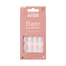 KISS front packaging showing glossy pink press on nails and tools, convenient travel kit