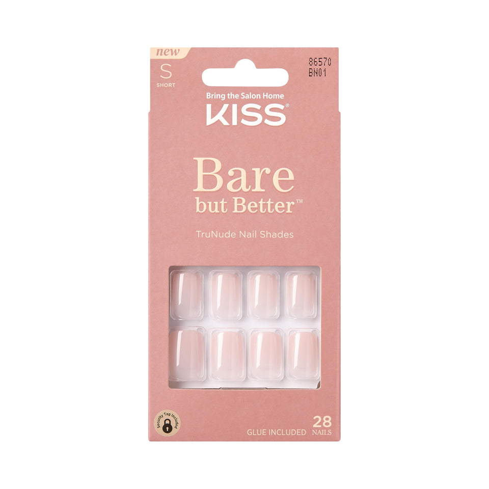 KISS front packaging showing glossy pink press on nails and tools, convenient travel kit