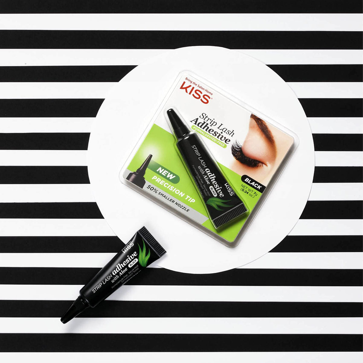 KISS black adhesive applied along a strip lash band for concealed lash base