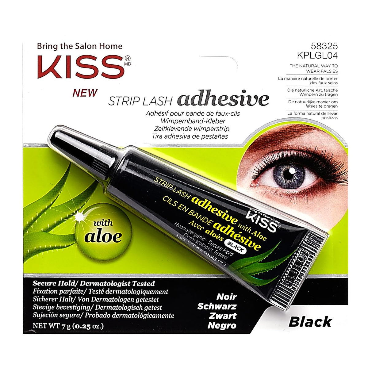 KISS front tube of black strip lash adhesive showing brand and compact size for travel