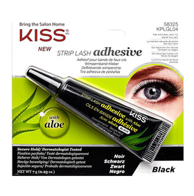 KISS front tube of black strip lash adhesive showing brand and compact size for travel