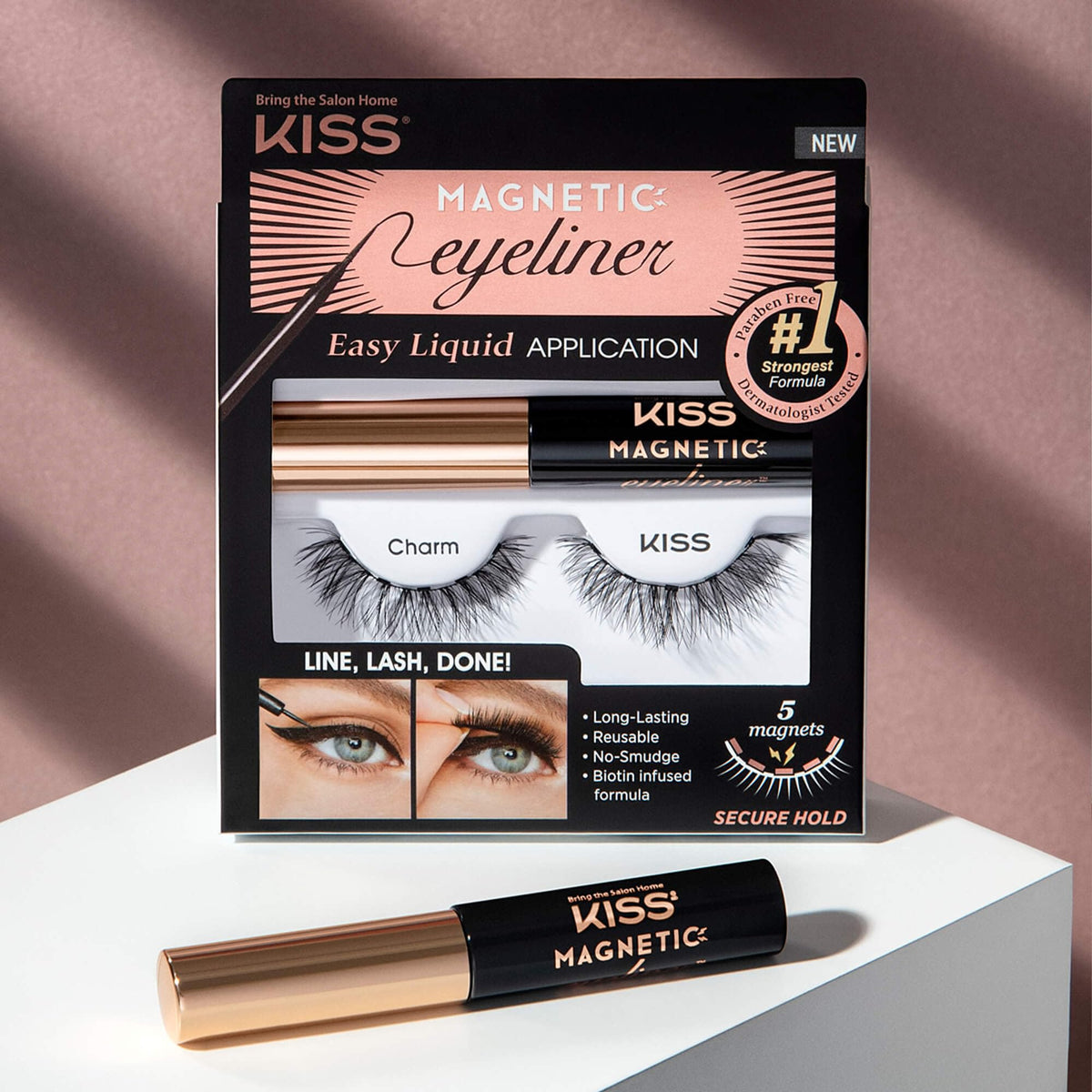 KISS liner tube with swatch showing magnetic formula and smudge resistance