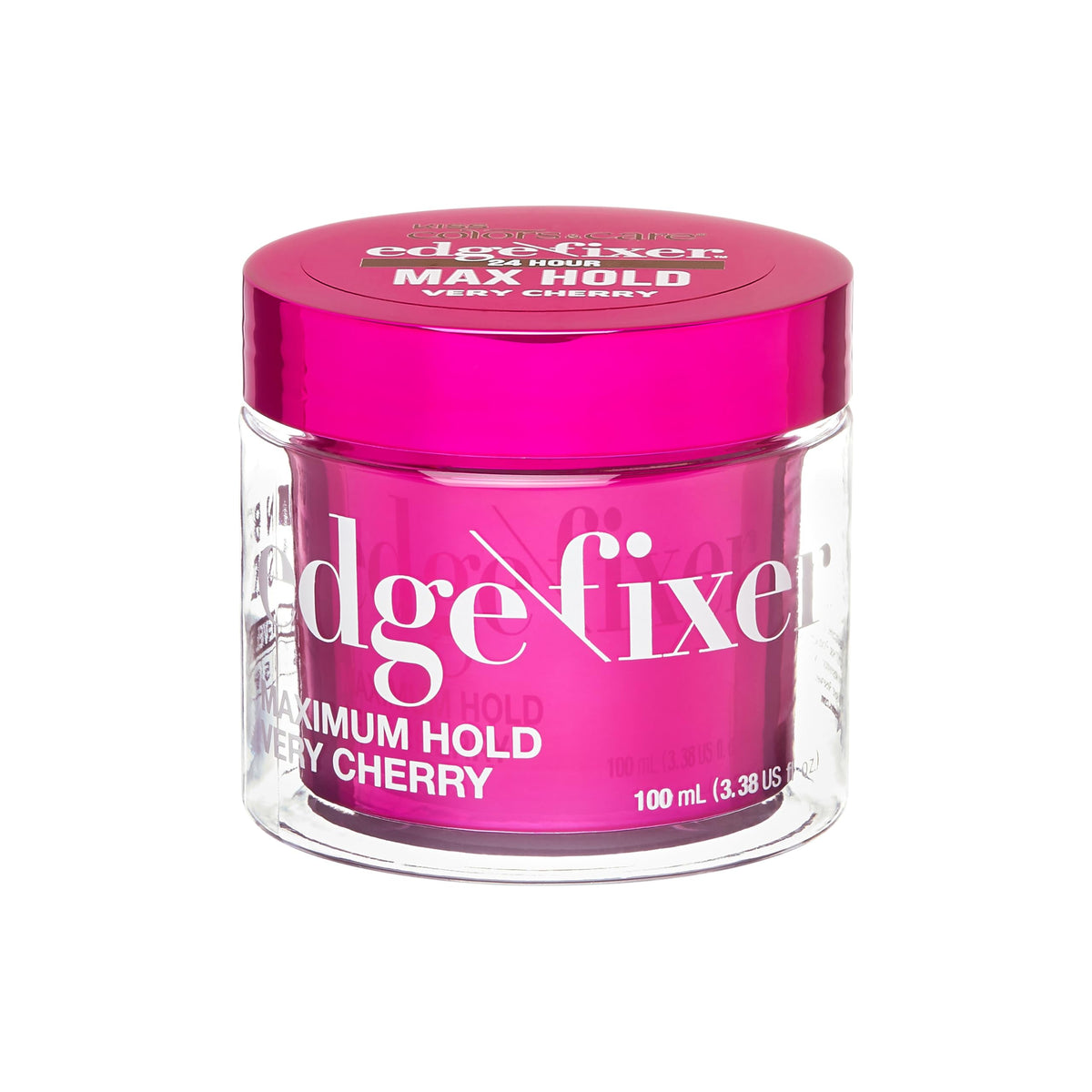 KISS COLORS & CARE front jar showing Very Cherry label and 24-hour hold benefit