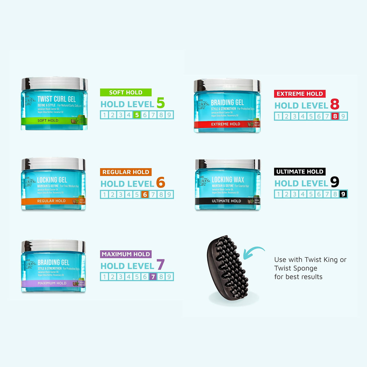 KISS COLORS & CARE ingredient label highlighting castor oil, honey, shea benefits
