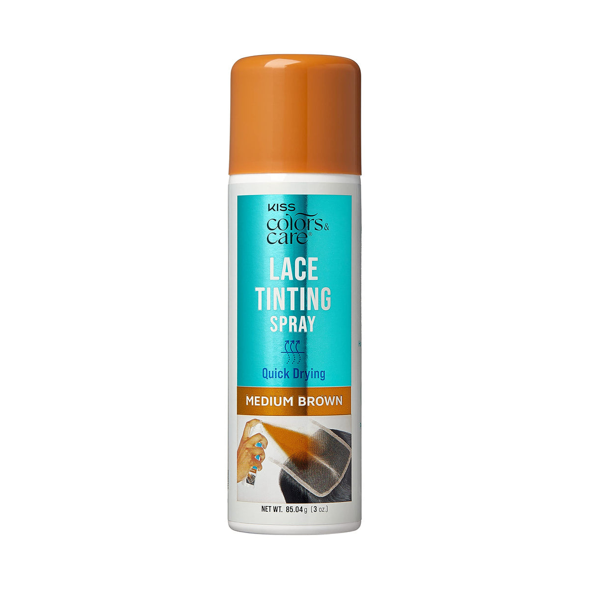 KISS Colors & Care spray can front view shows medium brown shade and quick-dry benefit