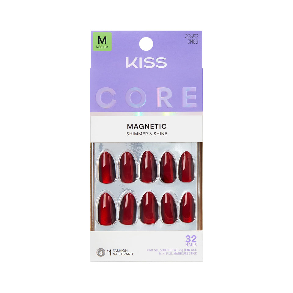 KISS Core front packaging showing apple blossom red press-on nails and included kit
