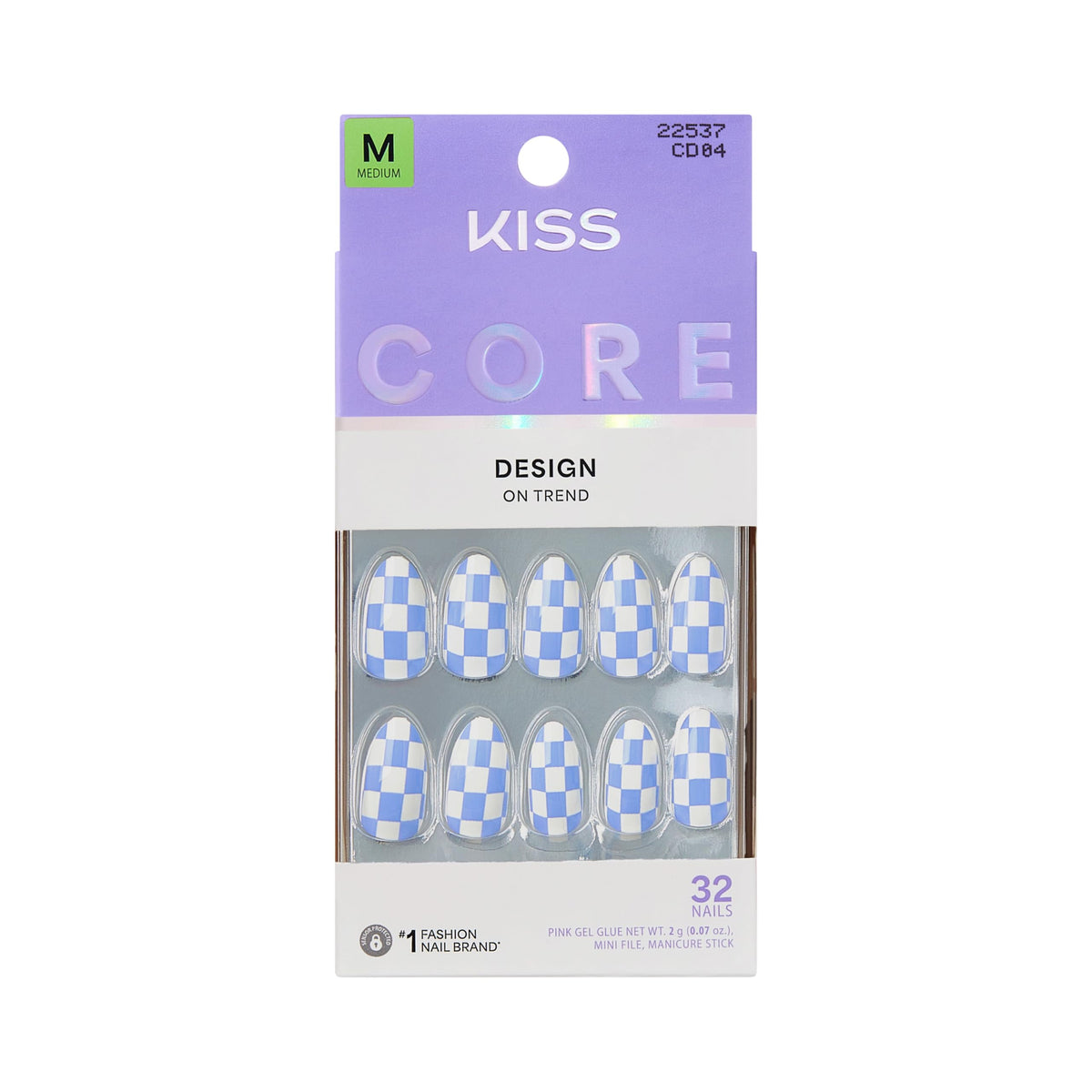 KISS front packaging showing Credit blue nails and kit contents, convenient at-home manicure