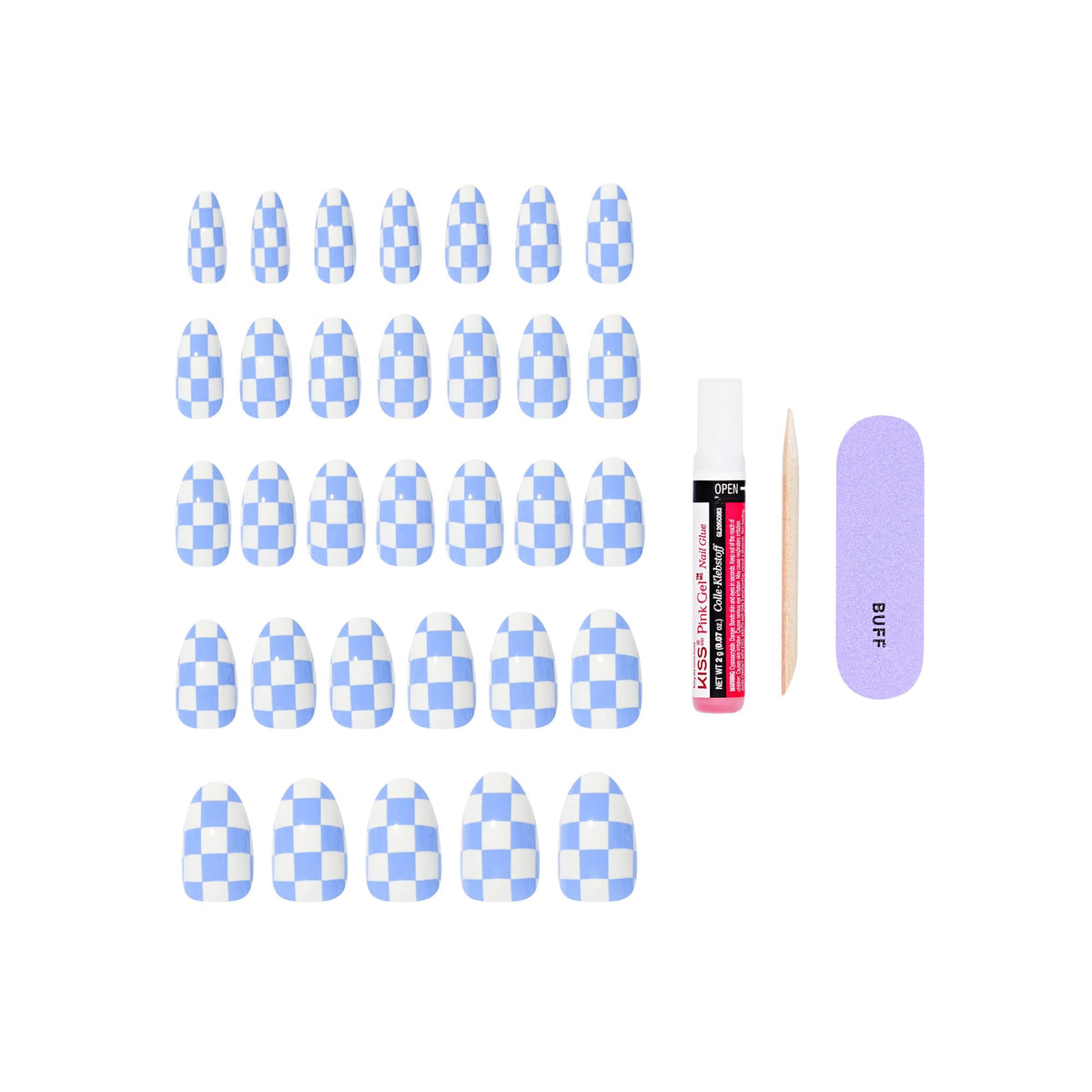 KISS 2g glue, manicure stick, and mini file displayed, everything needed for application