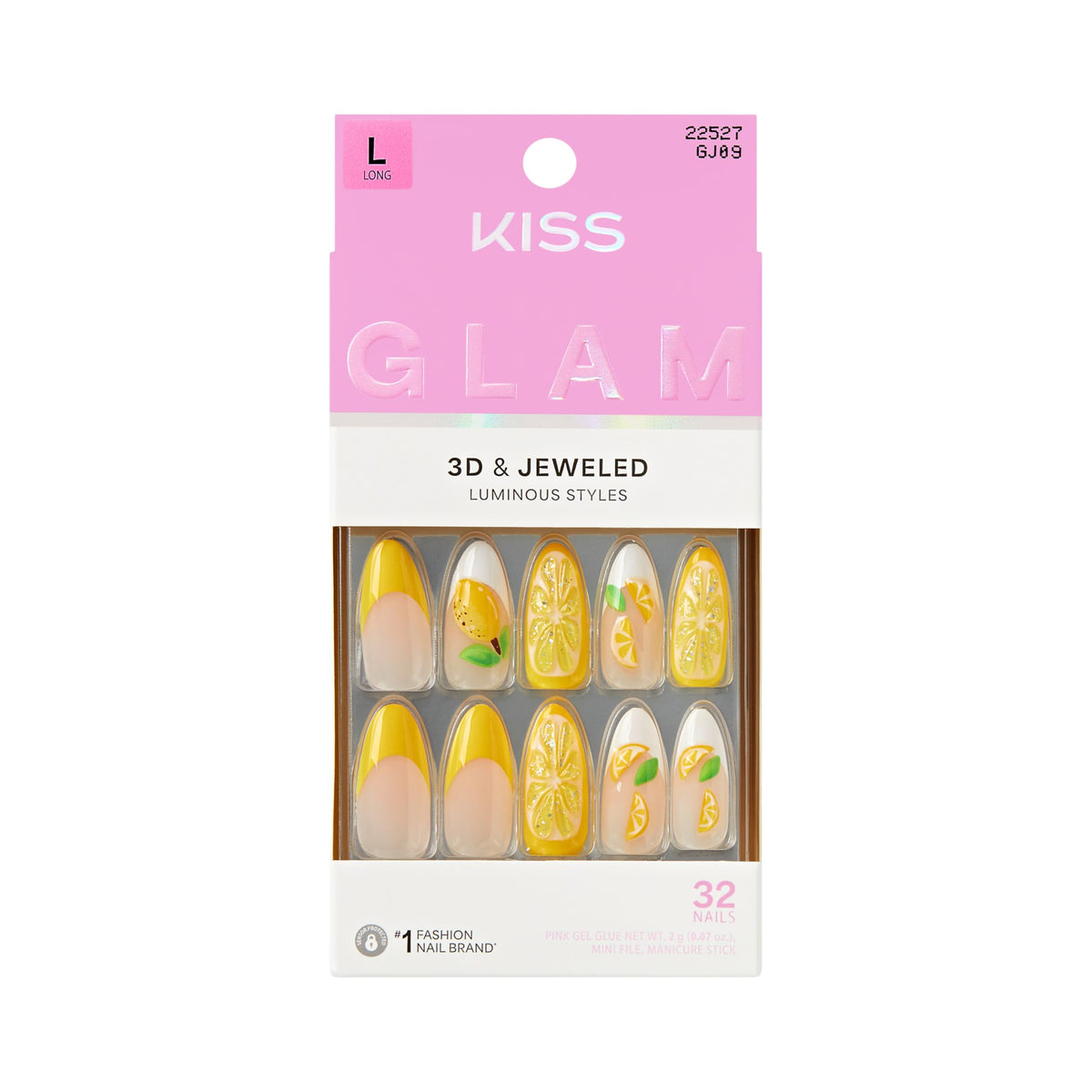 KISS Glam front packaging showing kit contents and yellow almond design for instant glam