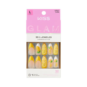 KISS Glam front packaging showing kit contents and yellow almond design for instant glam
