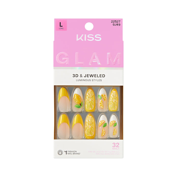 KISS Glam front packaging showing kit contents and yellow almond design for instant glam