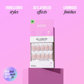 KISS Glam spread of varied nail sizes showing 32-piece assortment for a personalized fit