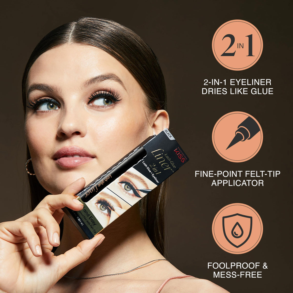 KISS glide of black matte GLUEliner on skin showing seamless, invisible lash base