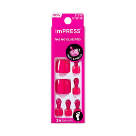 KISS front packaging showing hot pink press-on toenails and kit benefits