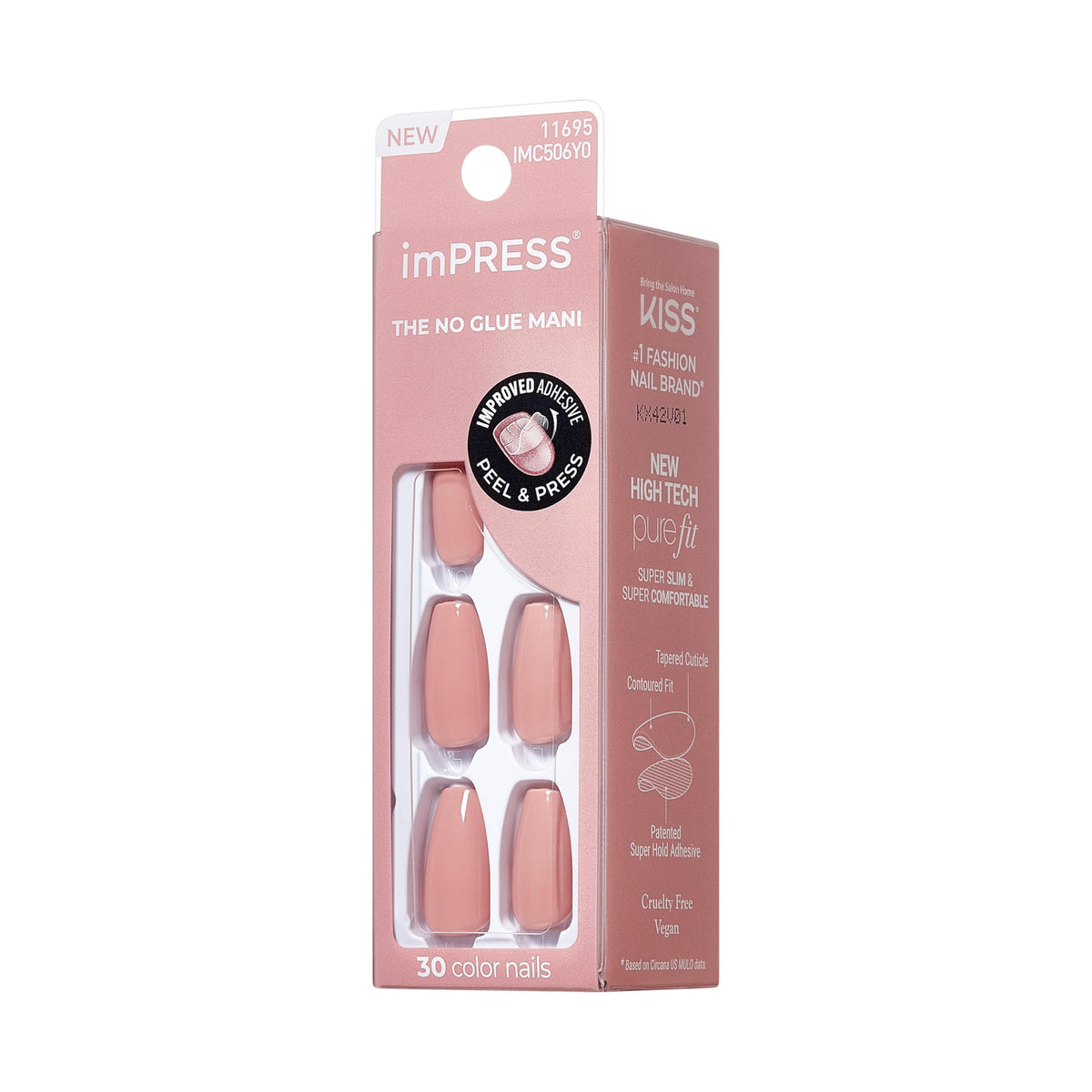 KISS press-on nail next to a coin to show scale and fit options for varied nail sizes