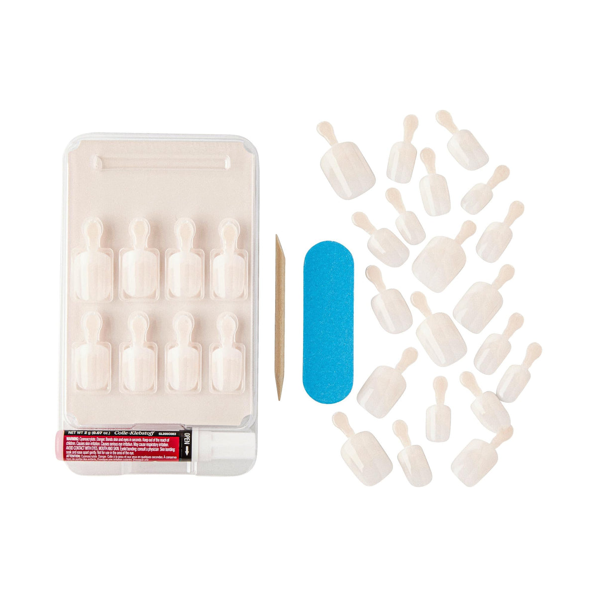 KISS kit contents with glue, mini file and manicure stick for easy application