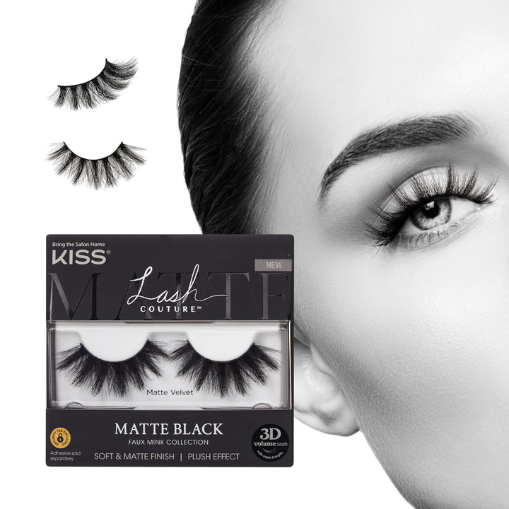 KISS front packaging showcasing matte velvet lashes and bold black finish