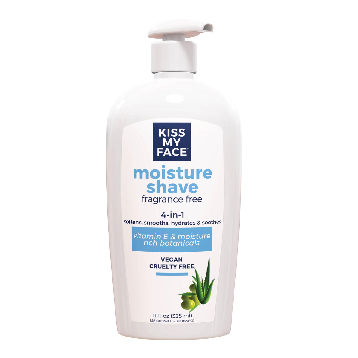 Kiss My Face front pump bottle showing packaging and clear shave benefit