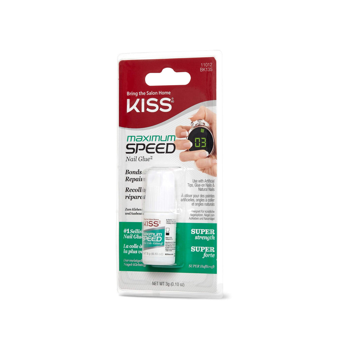 Close-up of KISS glue being applied to a press-on nail for precise control