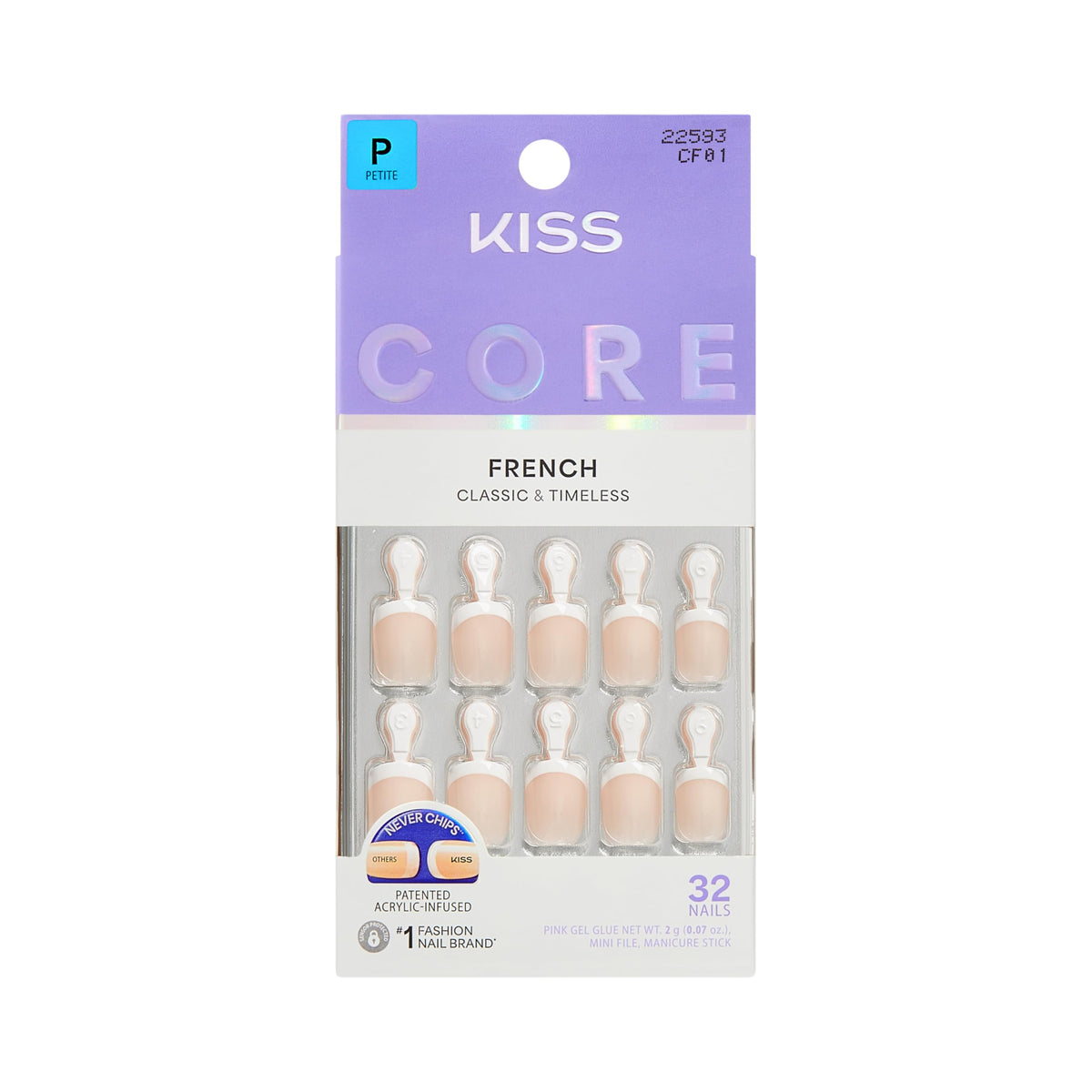 KISS front packaging of Perfection press-on nails showing kit contents and color