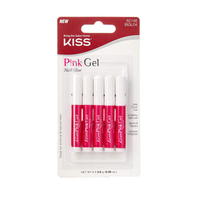 KISS front packaging showing five pink gel glue tubes for secure nails