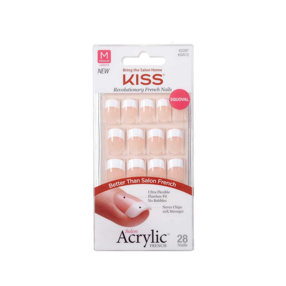 KISS front packaging showing Rumour Mill white nails and included tools benefits instant salon look