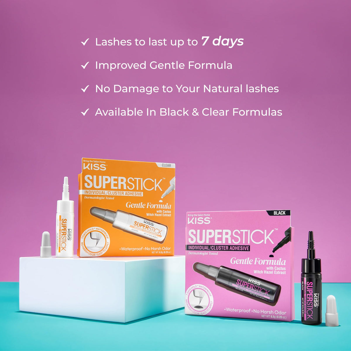KISS SuperStick label and lid detail highlighting dermatologist-tested formula