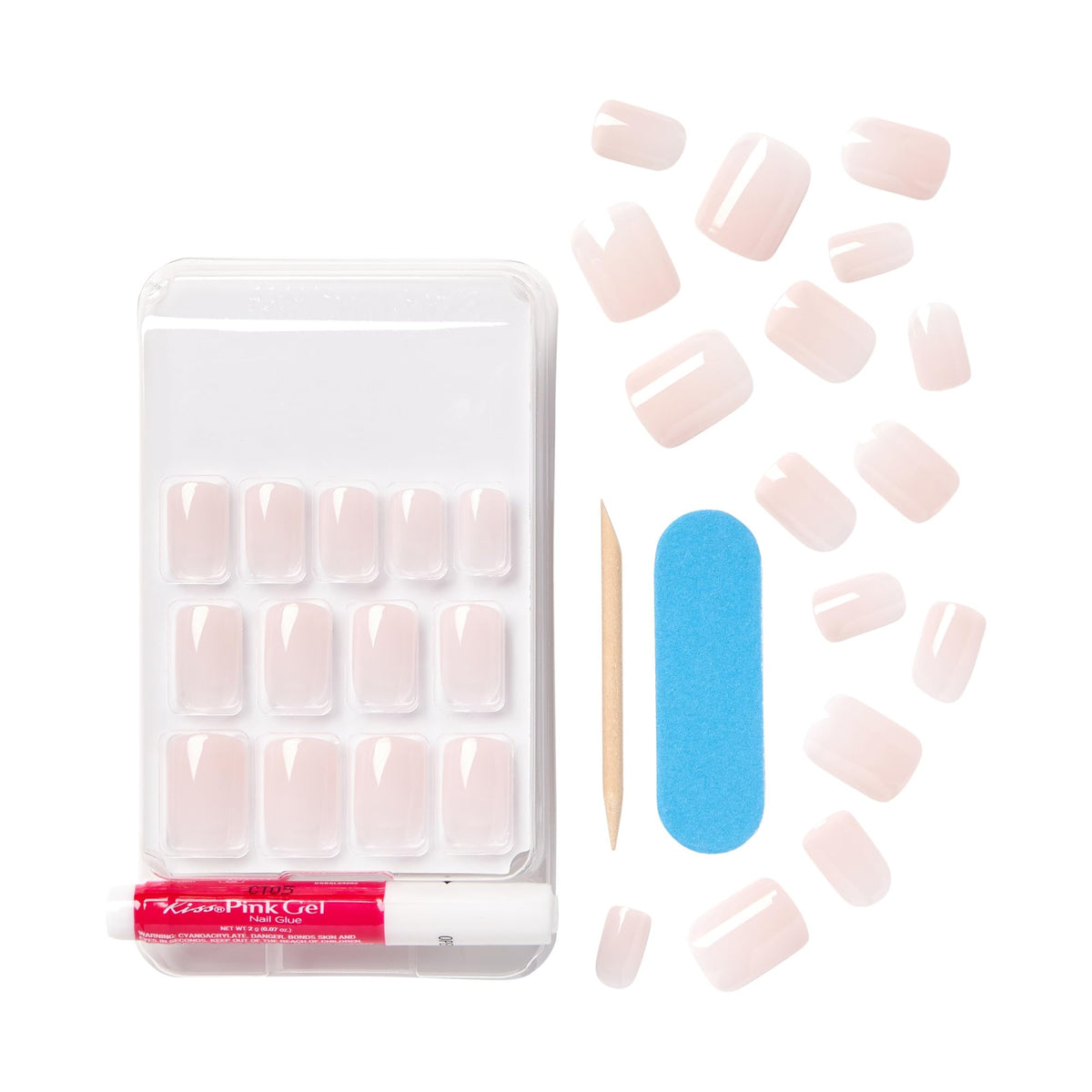 KISS hands wearing glossy pink nails at desk, professional polished appearance