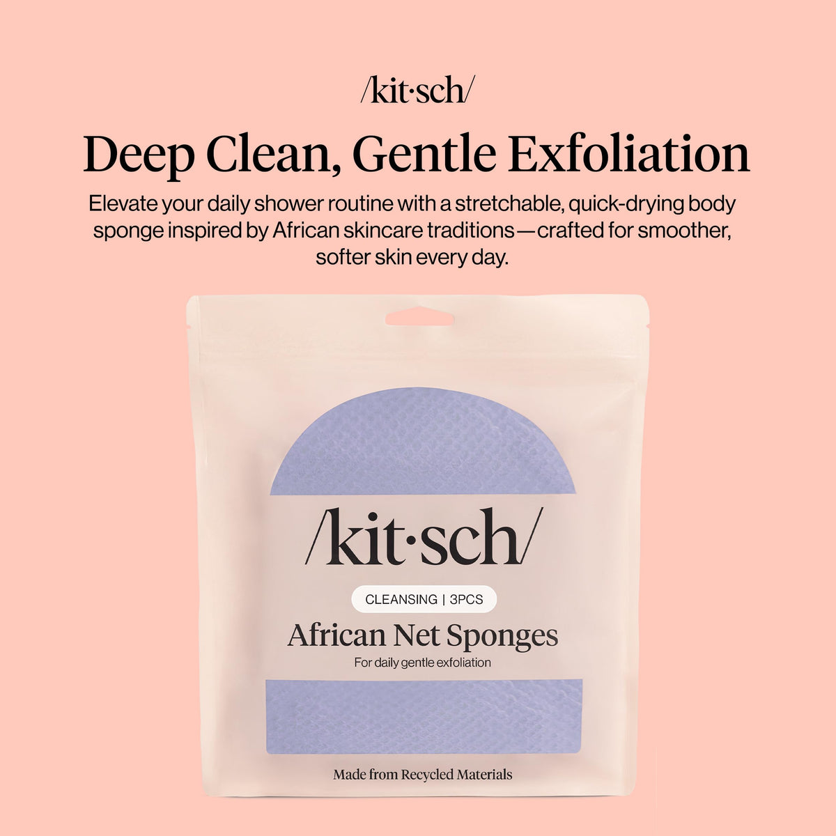 Kitsch close-up of mesh texture highlighting gentle exfoliation and rich lather