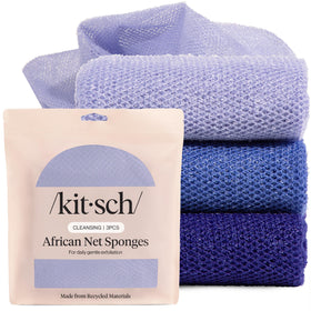 Kitsch front packaging showing ocean blue three-piece sponge set and clear benefits