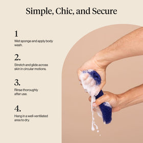 Kitsch sponge next to hand showing scale and easy handling in shower