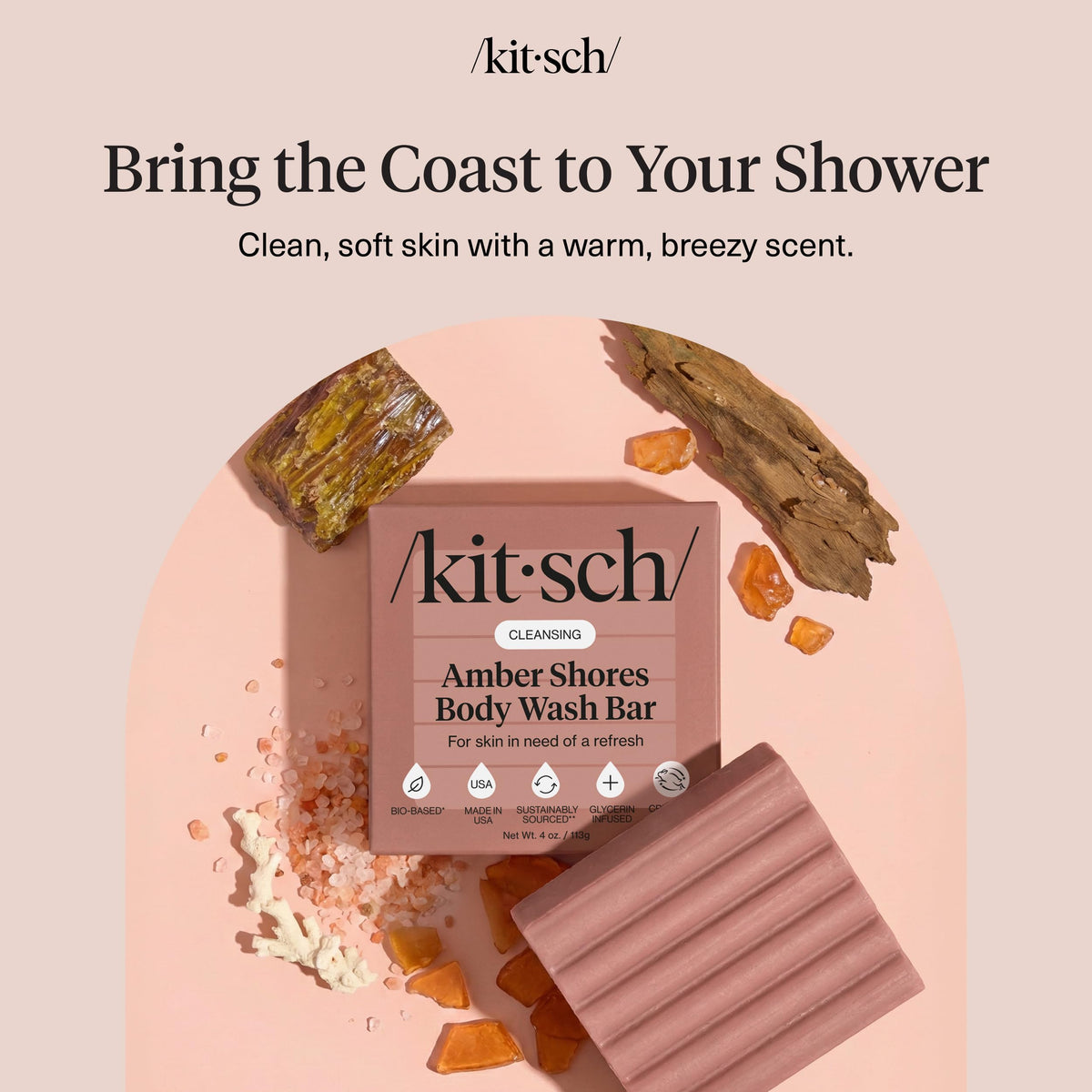 Kitsch amber shores bar top view highlighting texture and gentle exfoliating particles