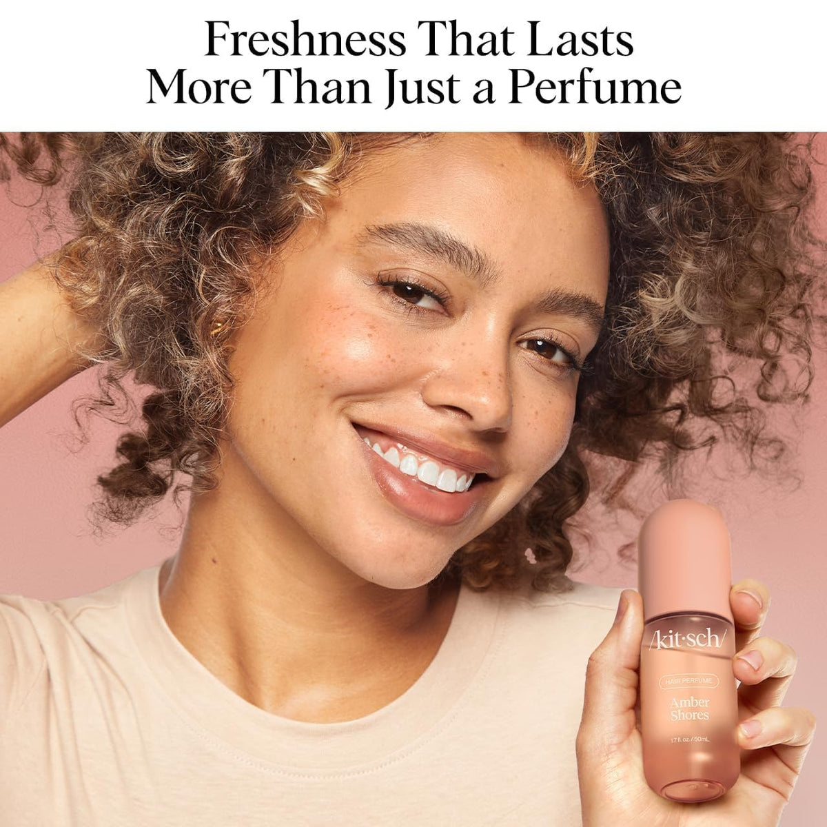 Kitsch mist sprayed onto hair delivering odor-neutralizing freshness