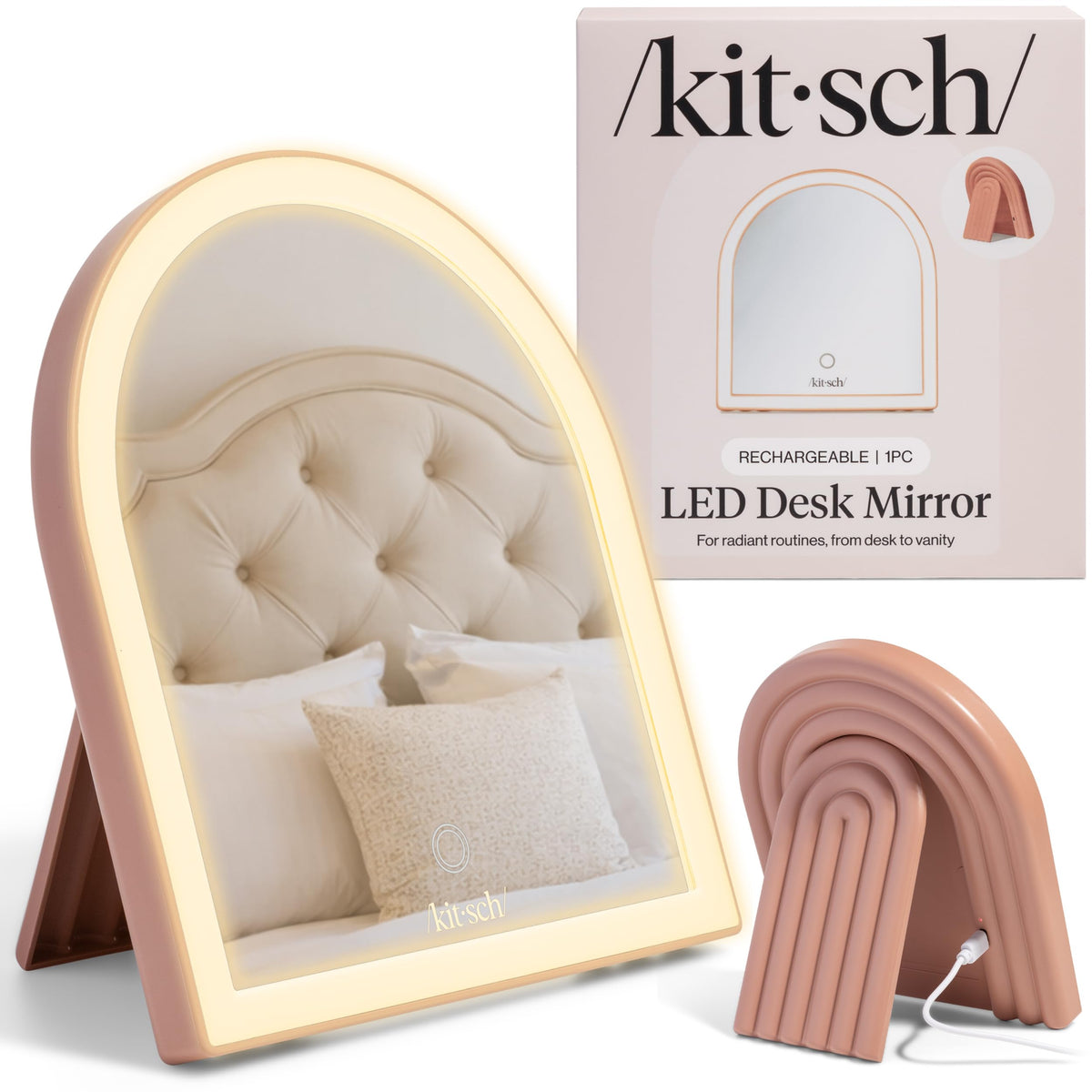 Kitsch front view terracotta arch mirror showing sleek design and balanced reflection