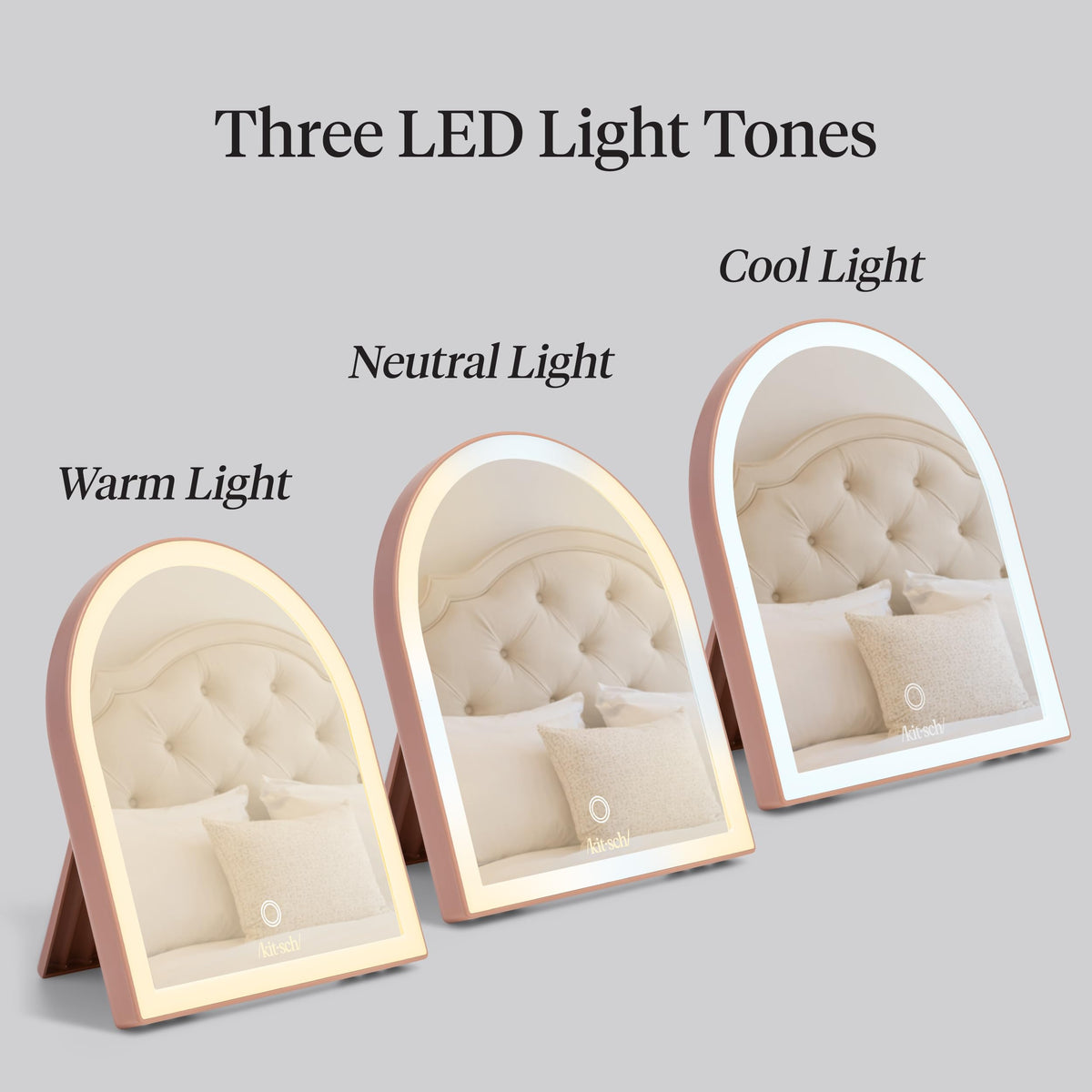 Kitsch mirror lit in warm tone showing flattering, evening-style illumination