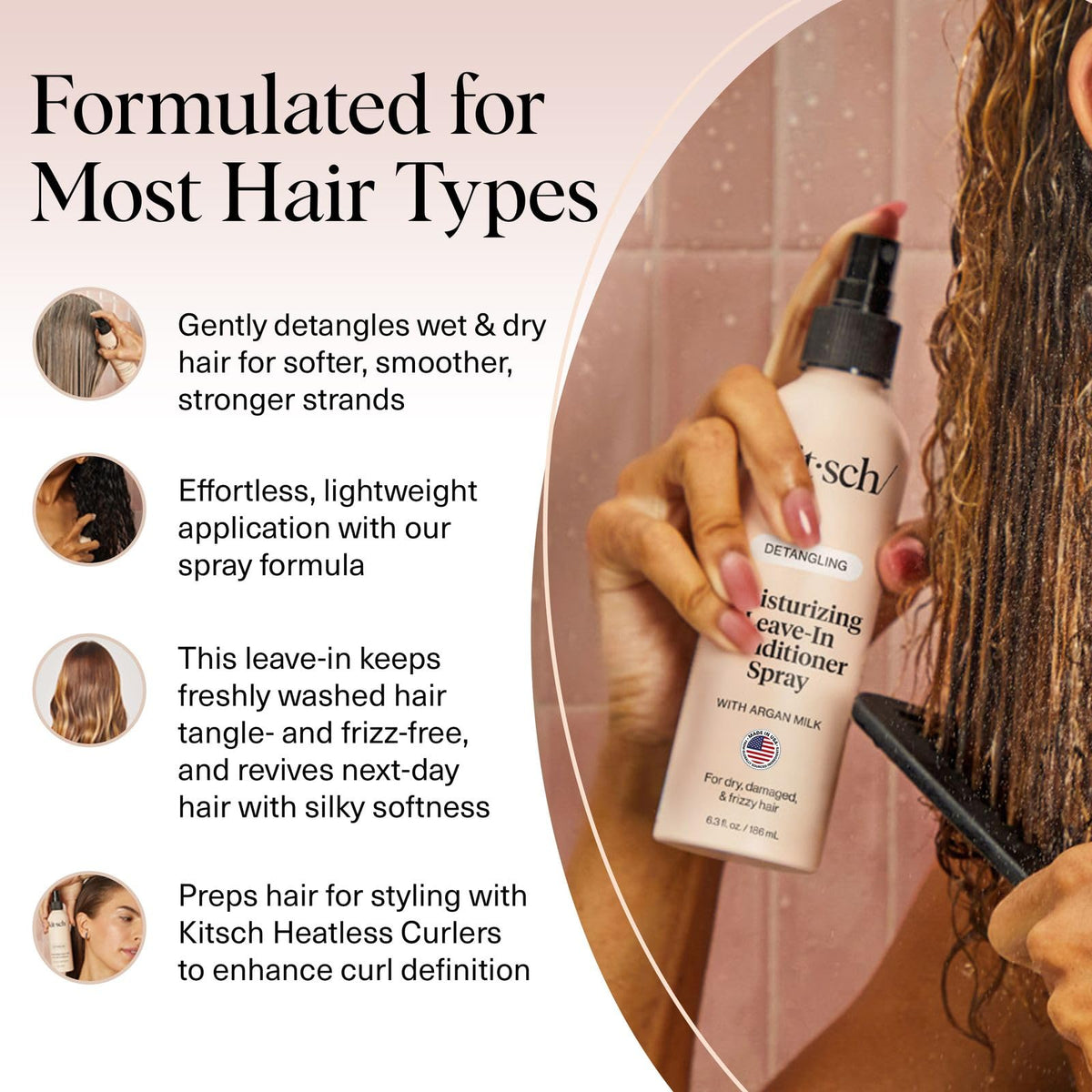 Kitsch detangling spray used on curly hair to reduce knots