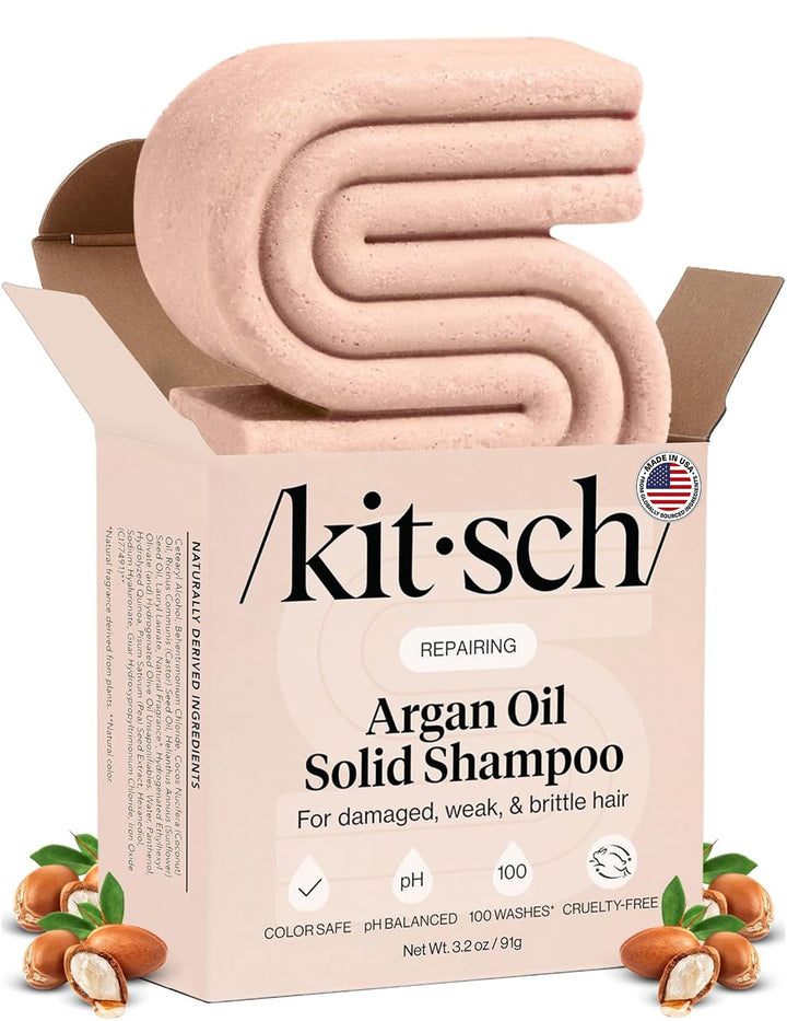 Kitsch front packaging showing solid argan oil shampoo bar for travel convenience