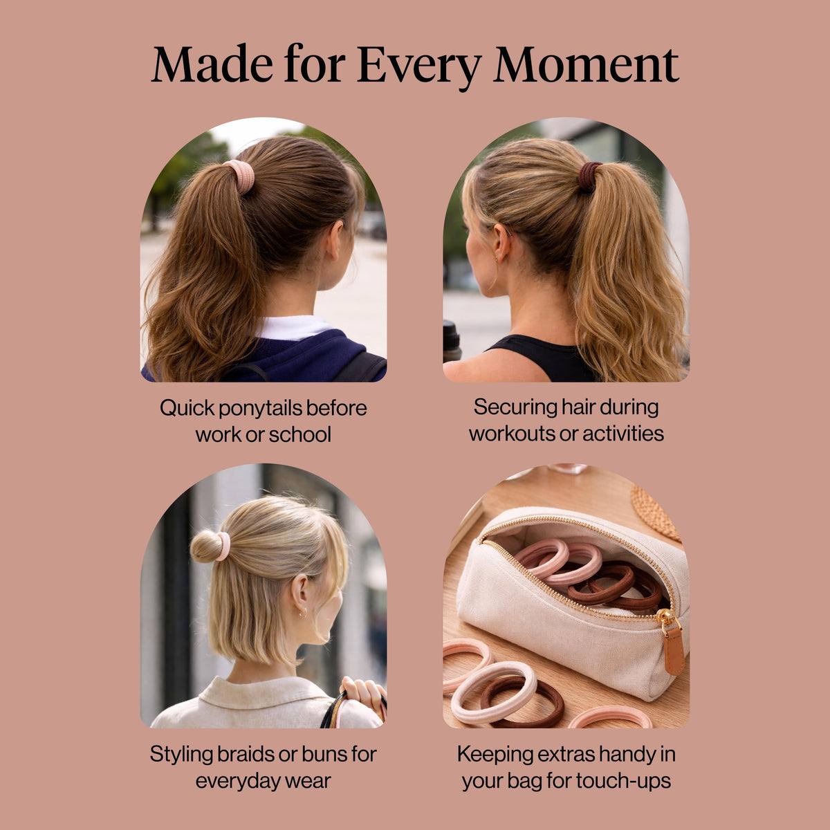 Kitsch hair ties in a purse showing quick-access styling benefit