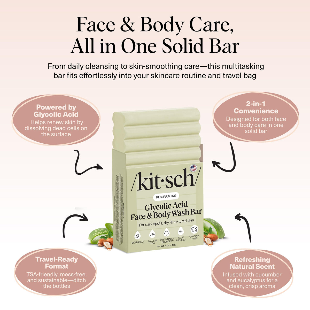 Kitsch applying bar to face illustrating mild exfoliation