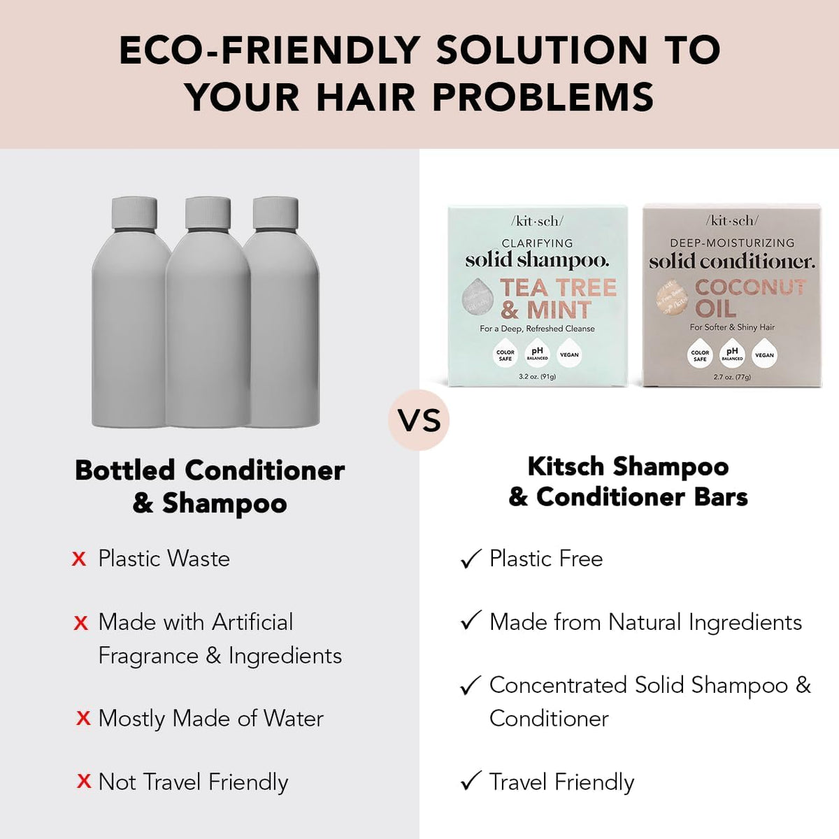 Kitsch shampoo and conditioner bars beside a travel bag for TSA-friendly convenience