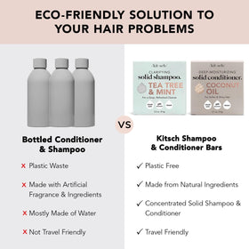Kitsch shampoo and conditioner bars beside a travel bag for TSA-friendly convenience