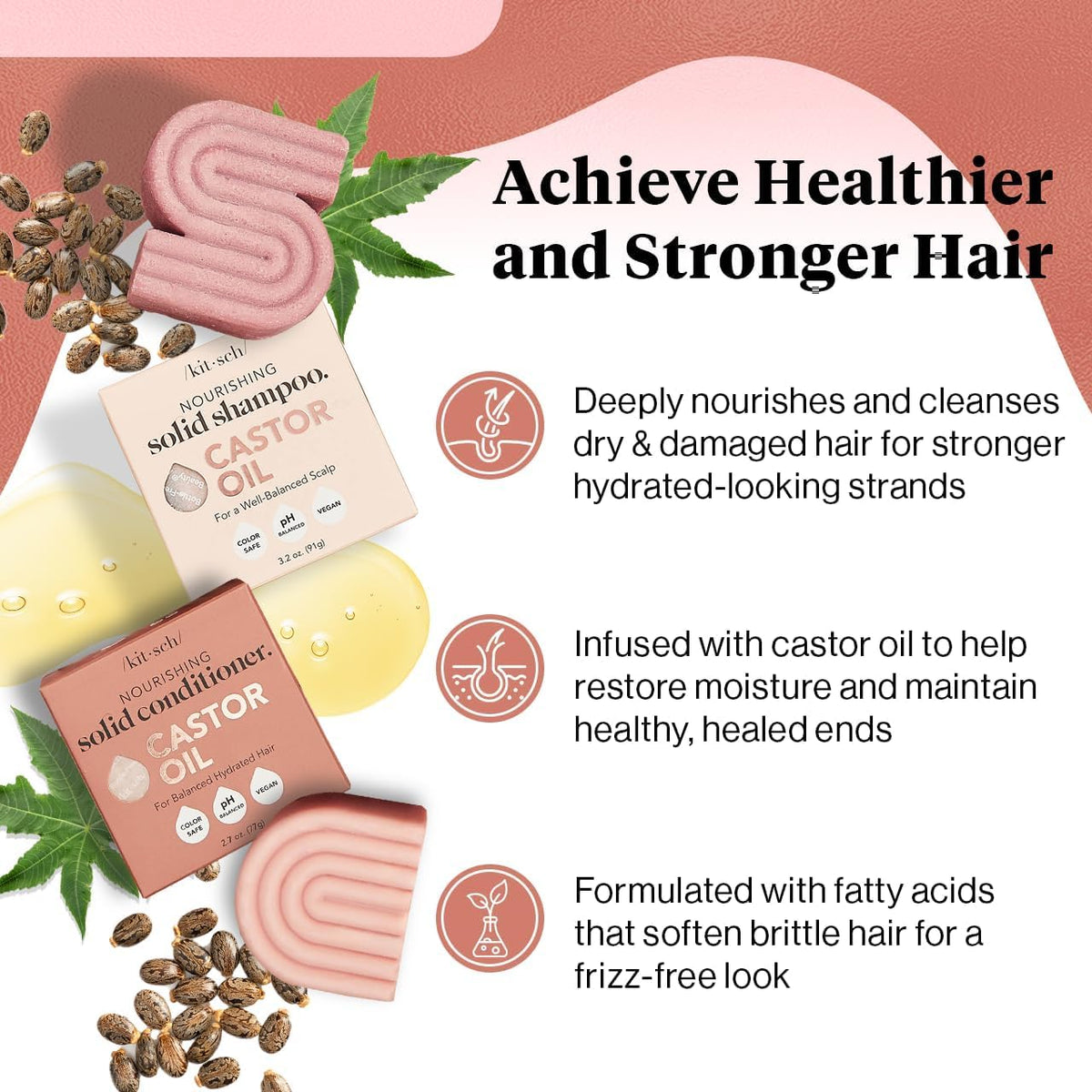 Kitsch stacked shampoo and conditioner bars highlighting compact design