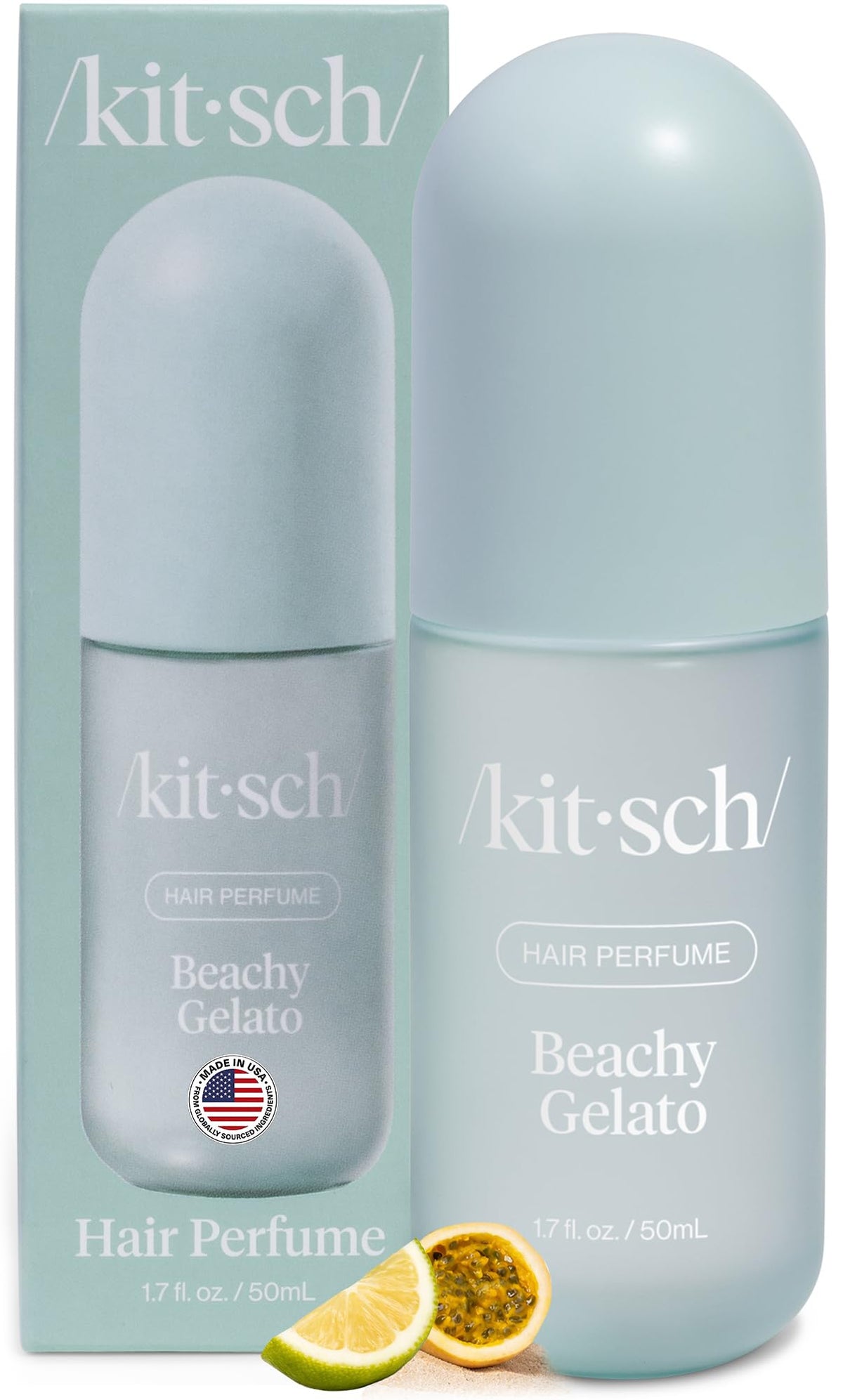 Kitsch bottle front view showing Beachy Gelato scent and travel size benefit