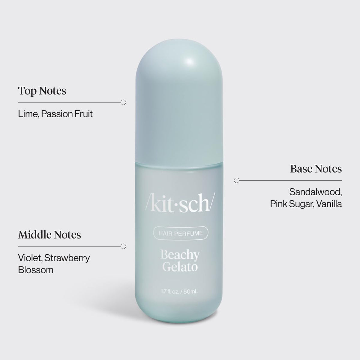Kitsch bottle next to ingredient list showing vegan cruelty-free benefit