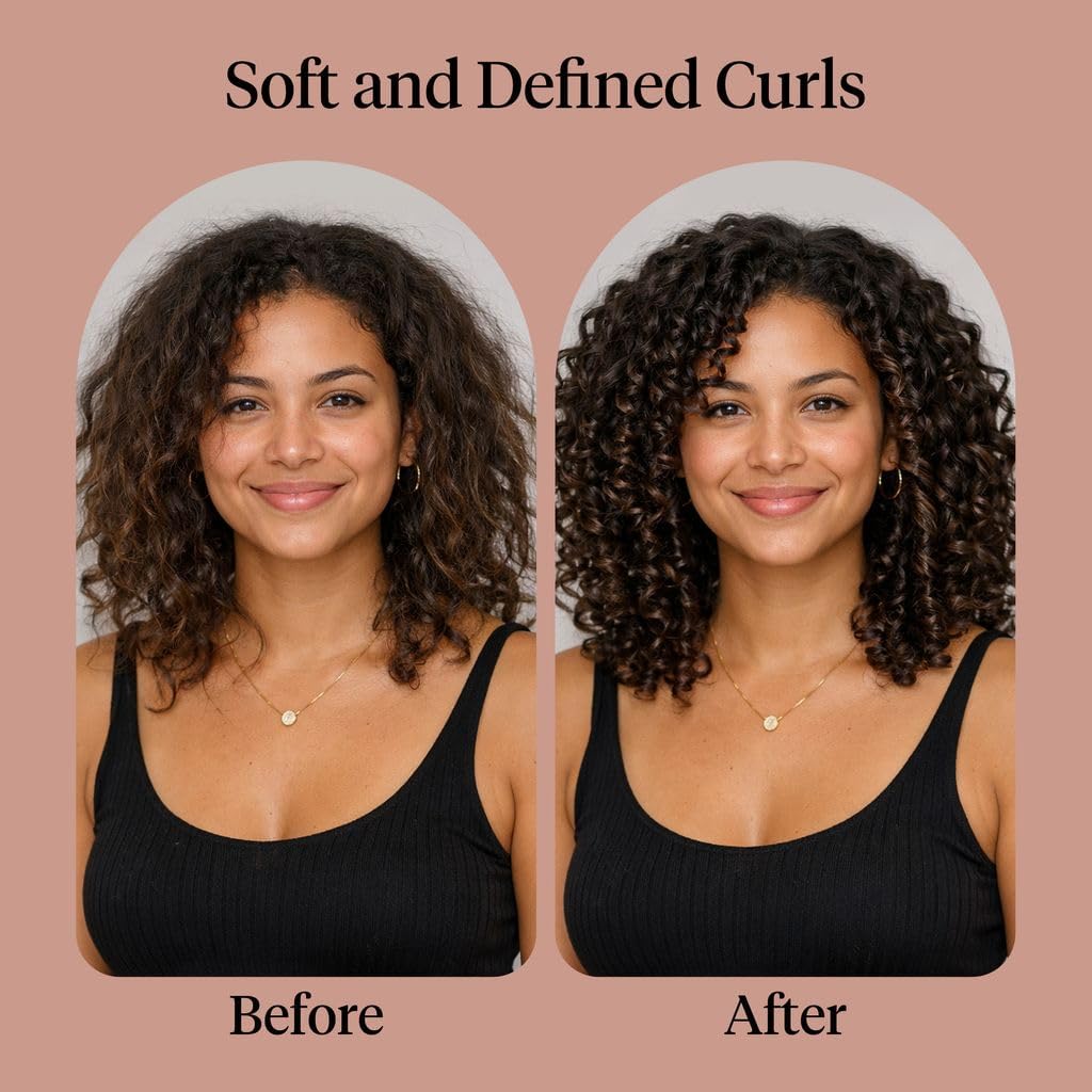 Kitsch before and after curl photos illustrating improved definition and natural shine