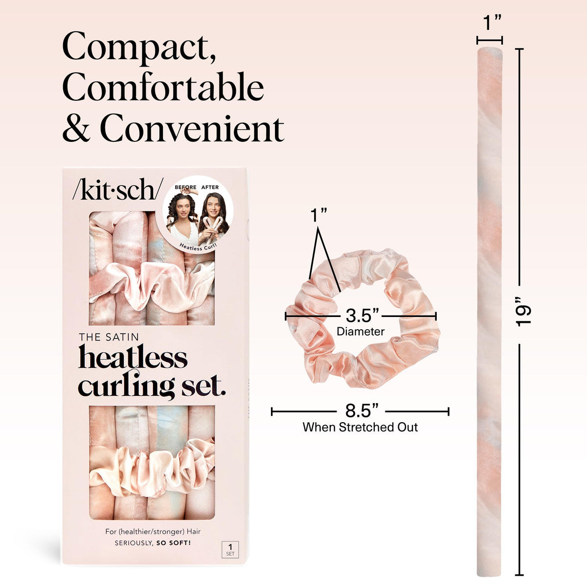 Kitsch before and after heatless curls comparison, demonstrates smoother, styled finish