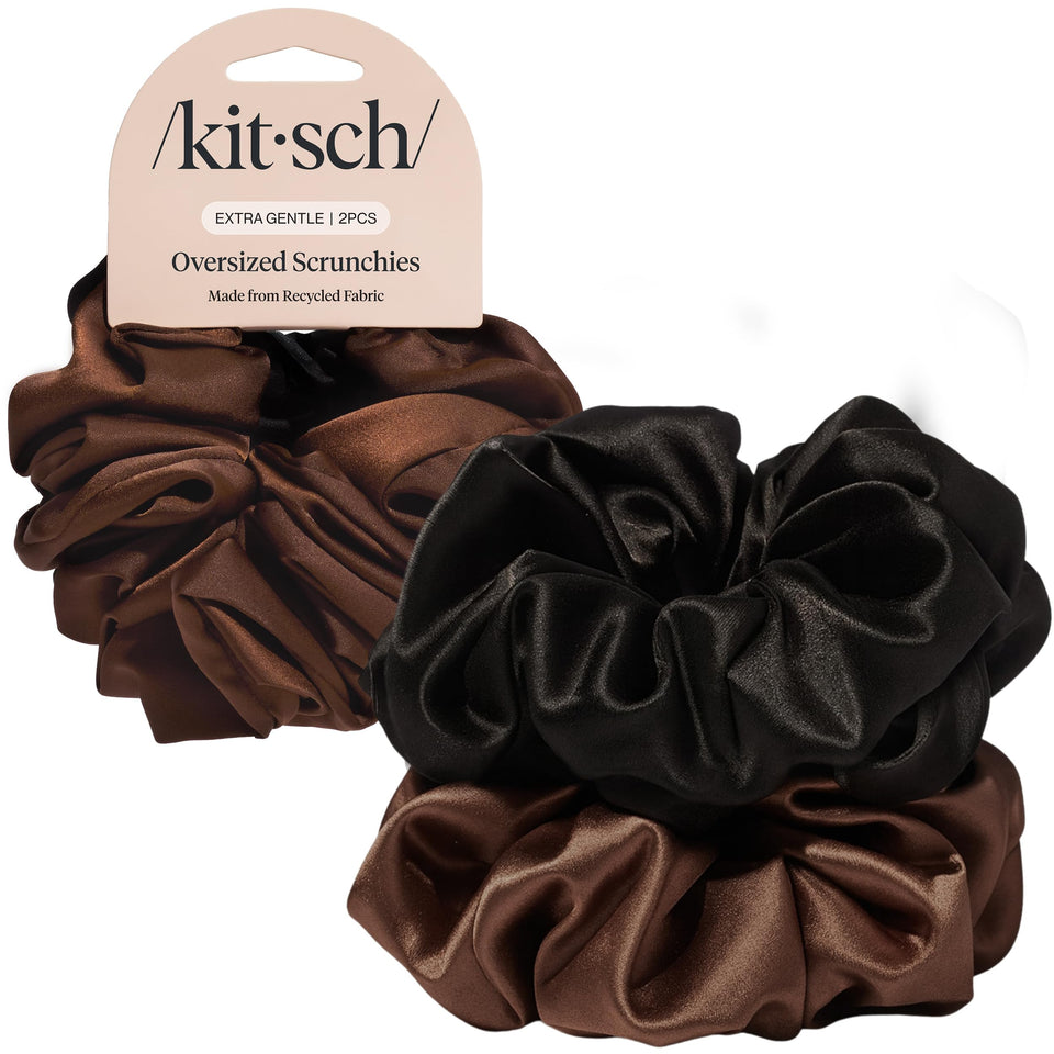Kitsch black and chocolate scrunchies front view showing color contrast and style