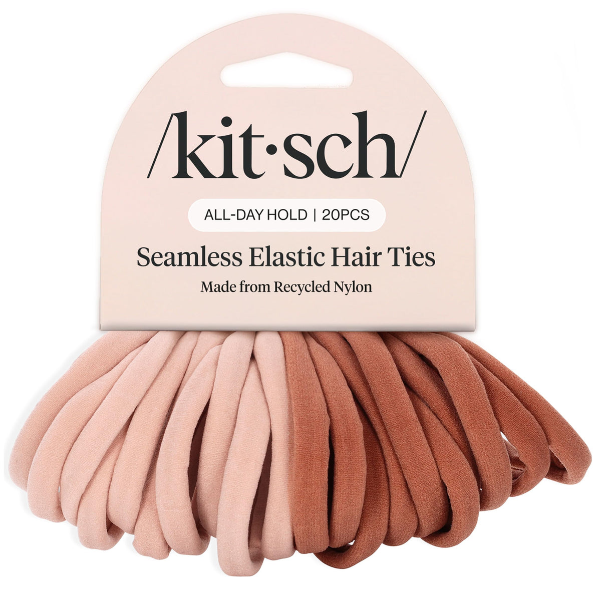 Kitsch front packaging showing 20 blush hair ties and quick identification benefit
