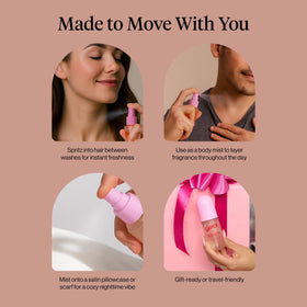 Kitsch spraying hair and shoulder to show dual hair-and-body mist versatility benefit