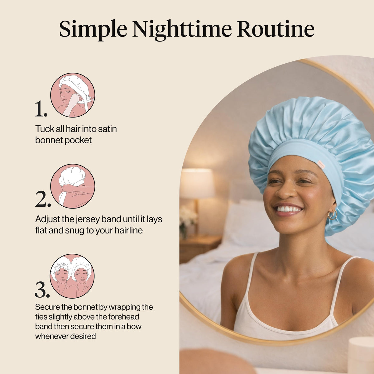 Kitsch bonnet flat lay in haze blue highlighting soft, softer-than-silk satin